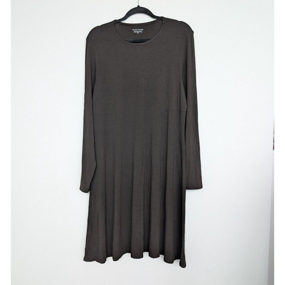 Eileen Fisher Gray Scoop Neck Long Sleeve Jersey Stretch Dress Sz L Italian Yarn
